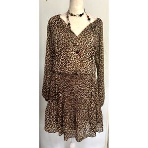 MK Michael Kors Leopard Print Mini-Dress Long Sleeves Lined sheer overlay -XS